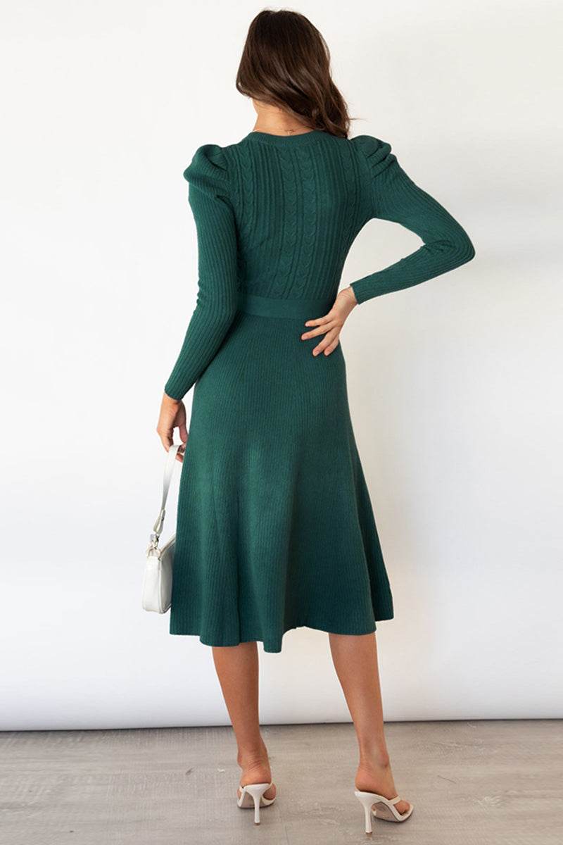 Round Neck Long Sleeve Tie Waist Sweater Dress - MimiStylez