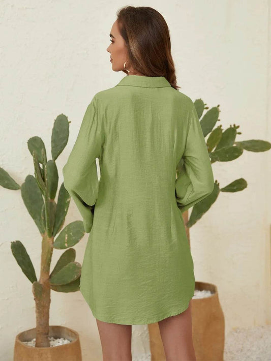 Collared Neck Long Sleeve Mini Shirt Dress - MimiStylez