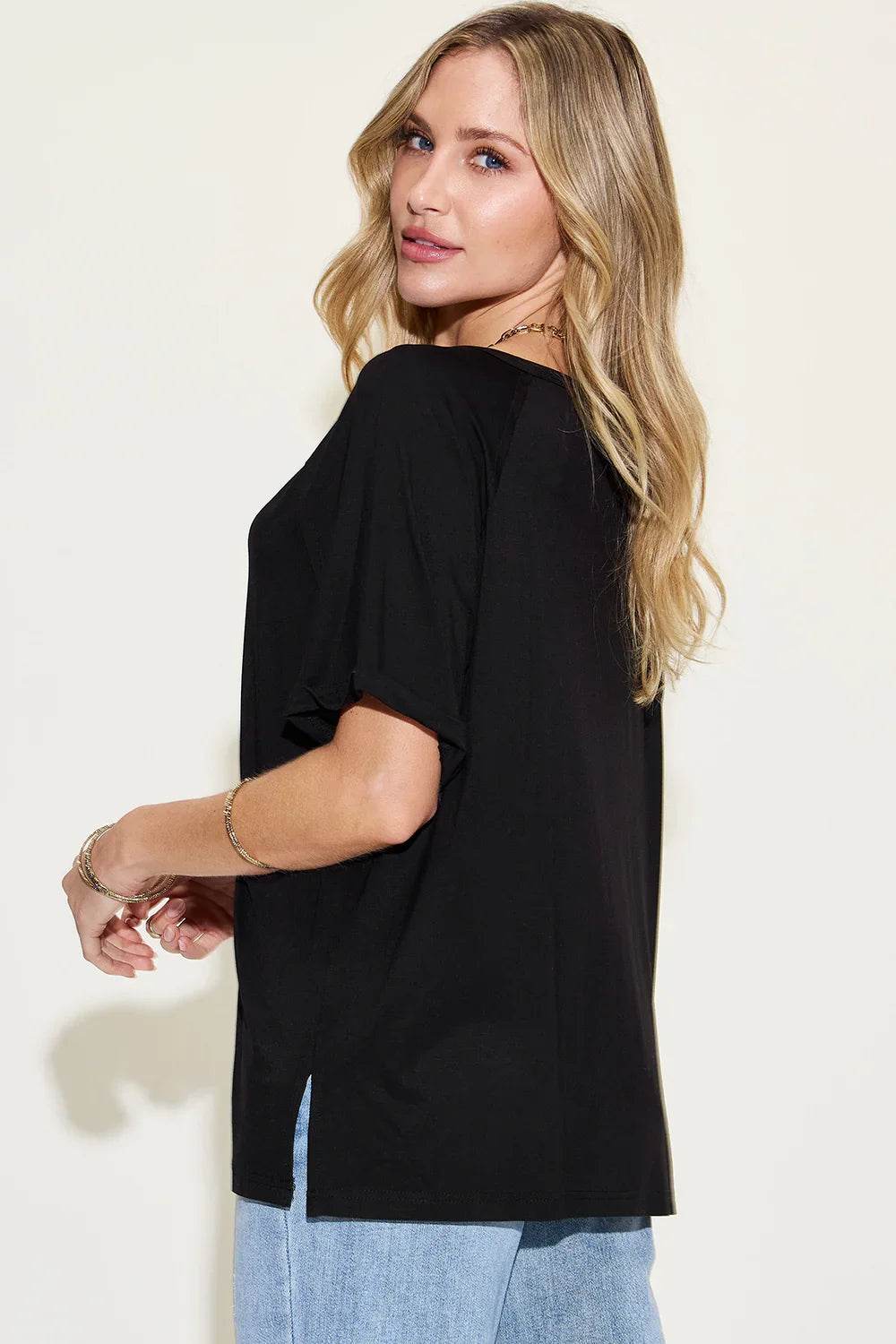 Basic Bae Full Size Bamboo Slit V-Neck Short Sleeve T-Shirt - MimiStylez