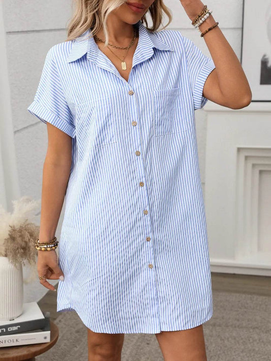 Striped Button Down Short Sleeve Mini Dress - MimiStylez