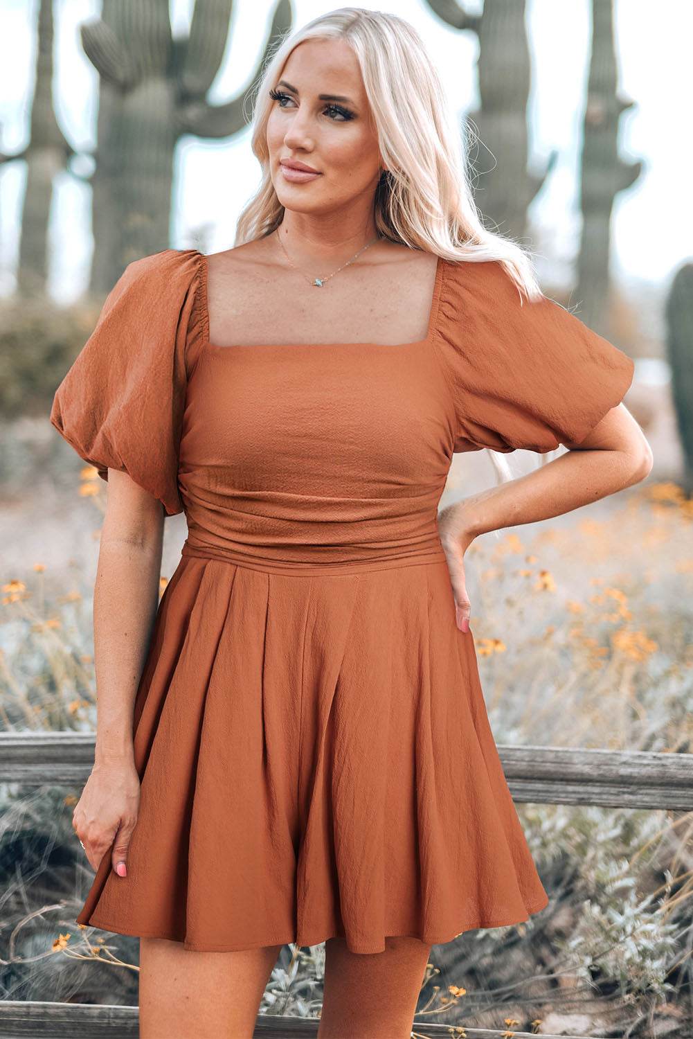 Square Neck Pleated Romper with Pockets - MimiStylez