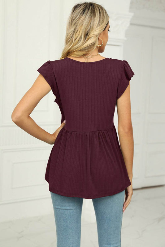 V-Neck Flutter Sleeve Babydoll Blouse - MimiStylez