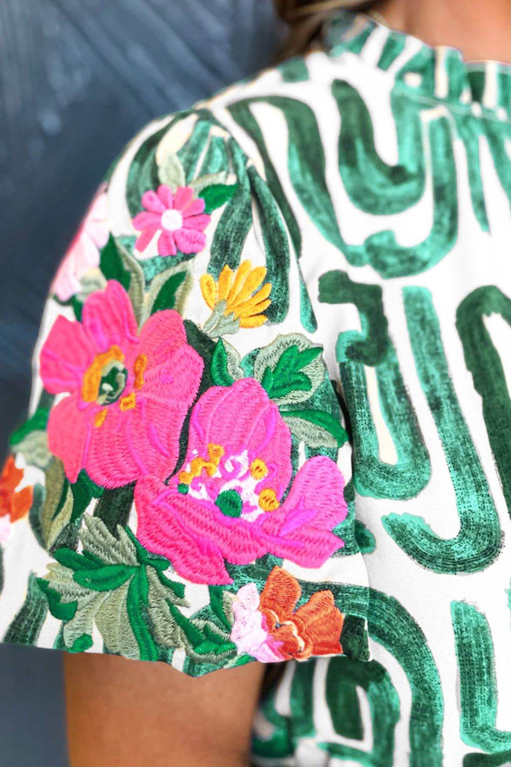 Embroidered Printed Mock Neck Short Sleeve Blouse - MimiStylez