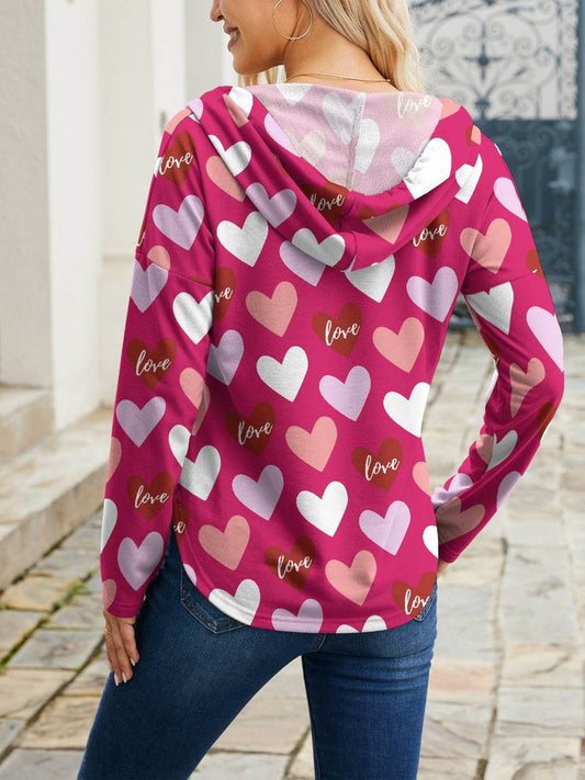 Heart Drawstring Dropped Shoulder Hoodie - MimiStylez