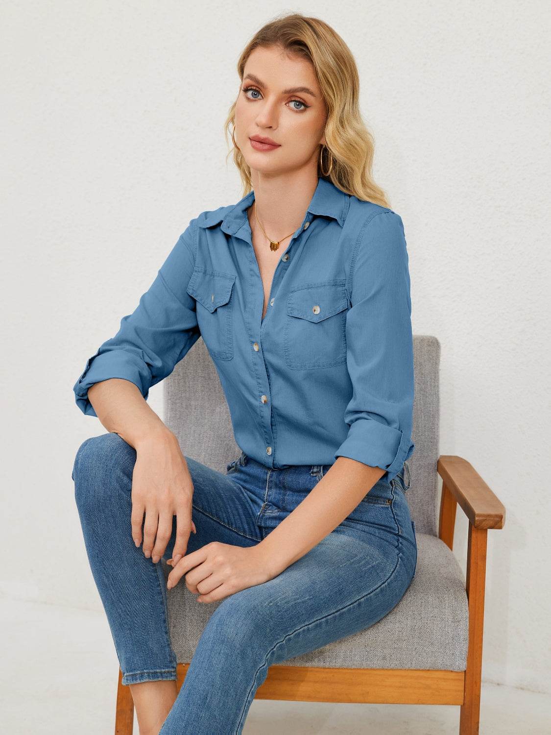 Pocketed Button Up Long Sleeve Denim Shirt - MimiStylez