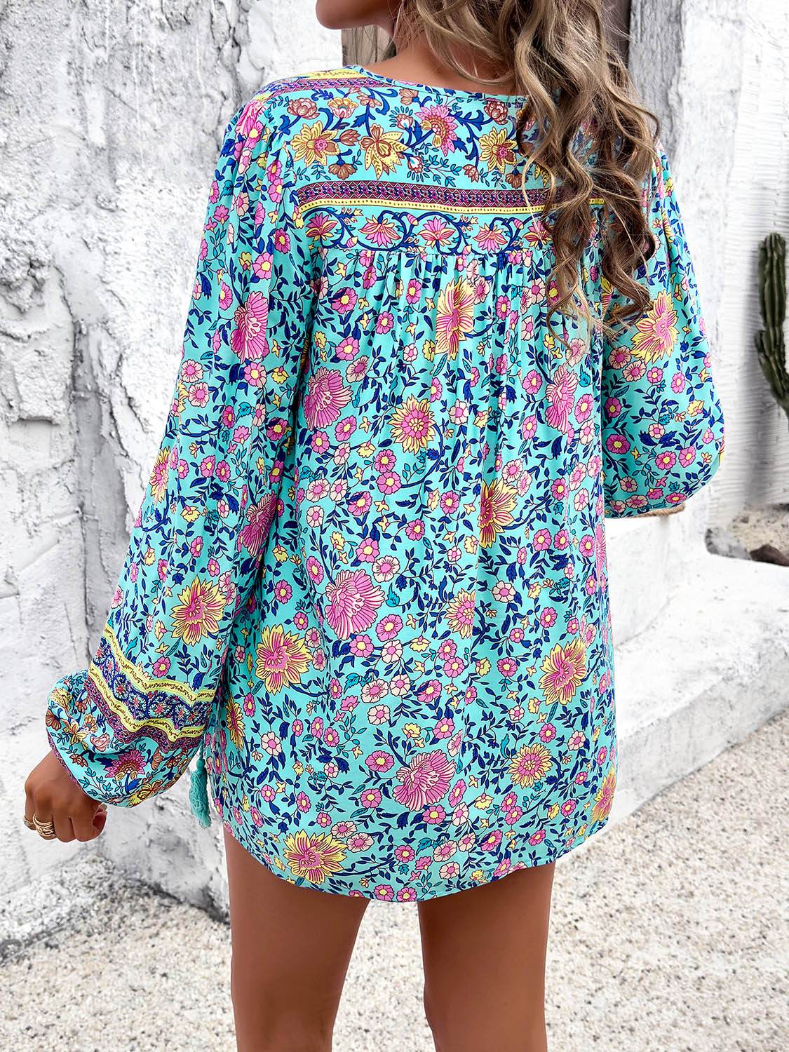 Printed Tie Neck Long Sleeve Blouse - MimiStylez