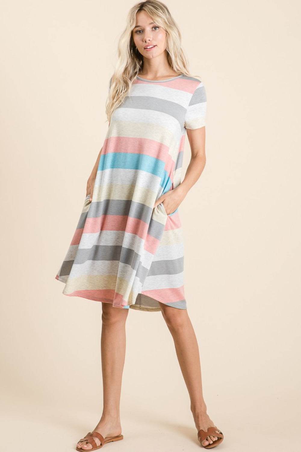 BOMBOM Striped Short Sleeve Dress with Pockets - MimiStylez