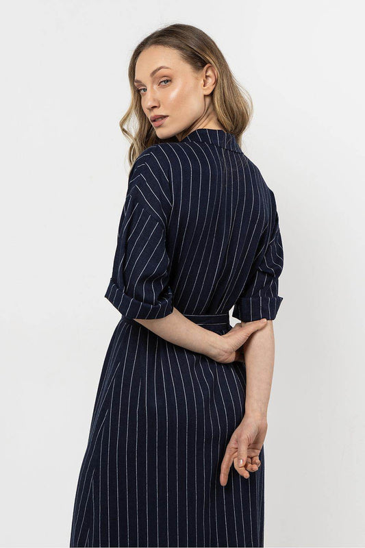 Striped Linen Shirtdress with Stand-Up Collar & Waist Belt - MimiStylez