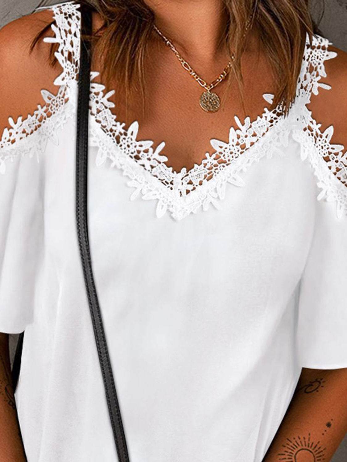Lace Detail V-Neck Half Sleeve Blouse - MimiStylez