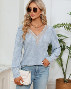 Lace Detail V - Neck Ribbed Blouse - MimiStylez