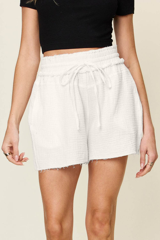 Double Take Full Size Texture Raw Trim Drawstring Shorts - MimiStylez