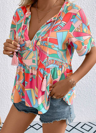 Printed Tie Neck Short Sleeve Blouse - MimiStylez