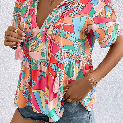 Printed Tie Neck Short Sleeve Blouse - MimiStylez