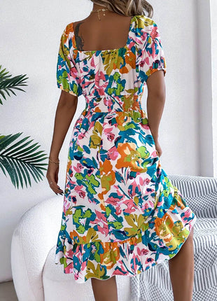 Ruffled Hem Smocked Floral Short Sleeve Midi Dress - MimiStylez
