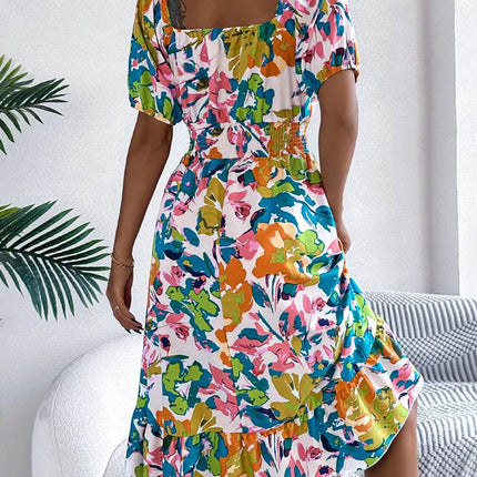 Ruffled Hem Smocked Floral Short Sleeve Midi Dress - MimiStylez