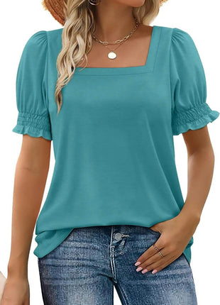 Simple U-neck Petal Sleeve Loose T-shirt - MimiStylez