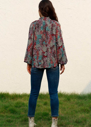 Tie Neck Heathered Balloon Sleeve Blouse - MimiStylez