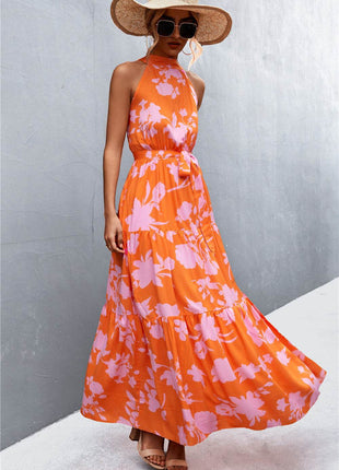 Printed Sleeveless Tie Waist Maxi Dress - MimiStylez