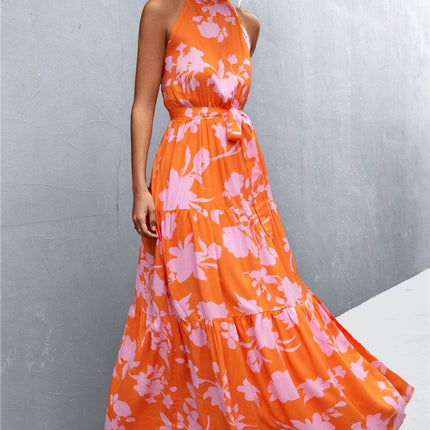 Printed Sleeveless Tie Waist Maxi Dress - MimiStylez