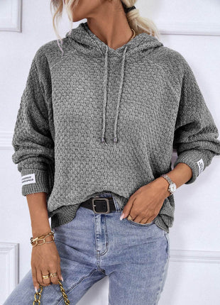 Texture Drawstring Long Sleeve Hooded Sweater - MimiStylez