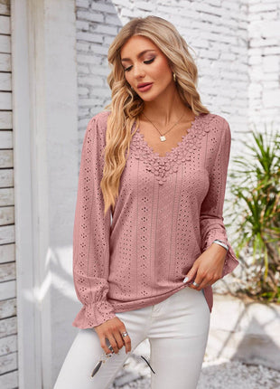 Applique V-Neck Flounce Sleeve T-Shirt - MimiStylez