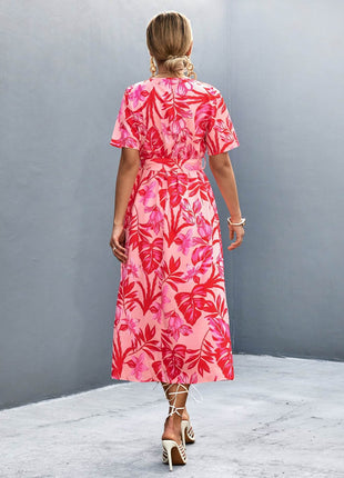 Floral Print High Slit Surplice Neck Tie Waist Midi Dress - MimiStylez