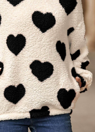 Fuzzy Heart Pocketed Dropped Shoulder Hoodie - MimiStylez