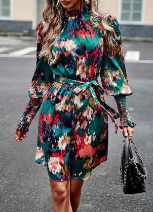 Printed Tie Waist Mock Neck Lantern Sleeve Dress - MimiStylez