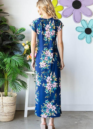 Heimish Full Size Floral Short Sleeve Slit Dress - MimiStylez