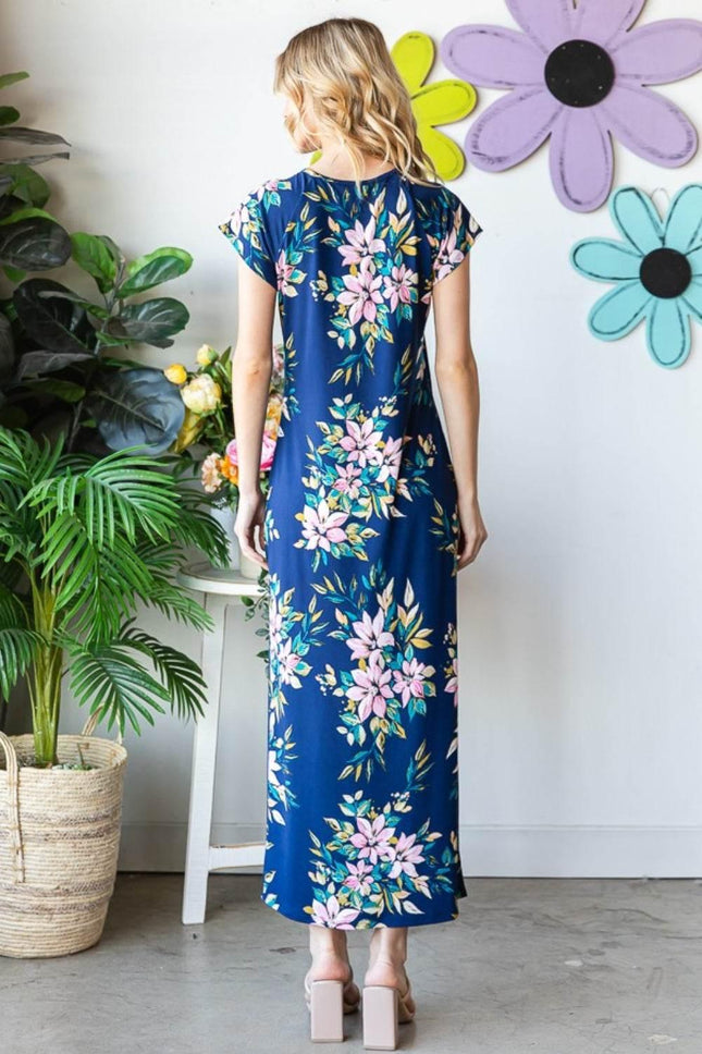 Heimish Full Size Floral Short Sleeve Slit Dress - MimiStylez