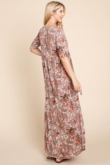 BOMBOM Printed Shirred Maxi Dress - MimiStylez