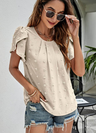 Swiss Dot Round Neck Petal Sleeve Top - MimiStylez