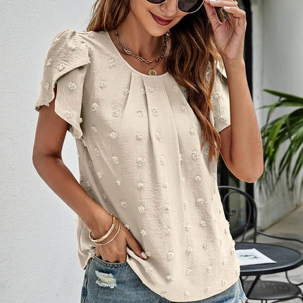 Swiss Dot Round Neck Petal Sleeve Top - MimiStylez