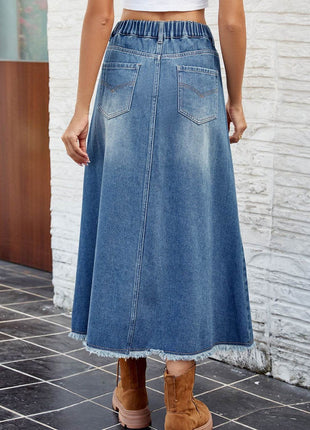 Raw Hem Buttoned Denim Skirt with Pockets - MimiStylez