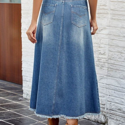 Raw Hem Buttoned Denim Skirt with Pockets - MimiStylez