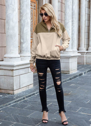 Pocketed Color Block Quarter Zip Hoodie - MimiStylez