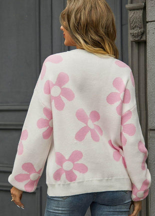 Floral Print Round Neck Dropped Shoulder Pullover Sweater - MimiStylez