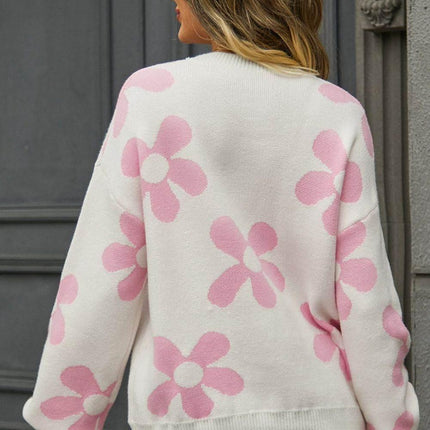 Floral Print Round Neck Dropped Shoulder Pullover Sweater - MimiStylez