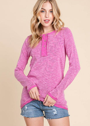 Reborn J Contrast Trim Half Button Long Sleeve T-Shirt - MimiStylez