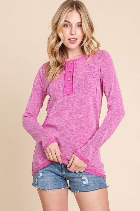 Reborn J Contrast Trim Half Button Long Sleeve T-Shirt - MimiStylez