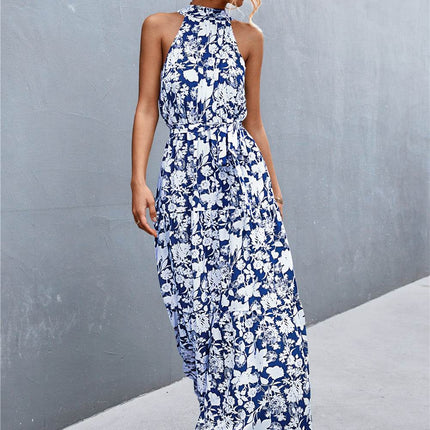Printed Sleeveless Tie Waist Maxi Dress - MimiStylez