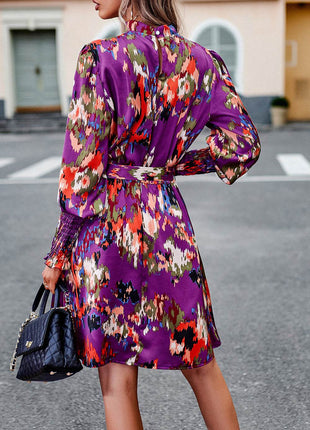 Printed Tie Waist Mock Neck Lantern Sleeve Dress - MimiStylez