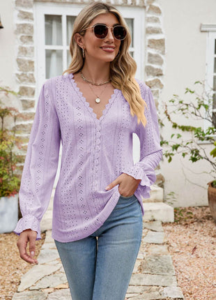 Eyelet Lace Trim Flounce Sleeve Blouse - MimiStylez