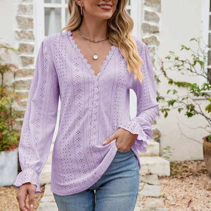 Eyelet Lace Trim Flounce Sleeve Blouse - MimiStylez