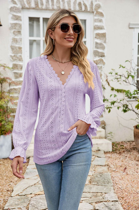 Eyelet Lace Trim Flounce Sleeve Blouse - MimiStylez