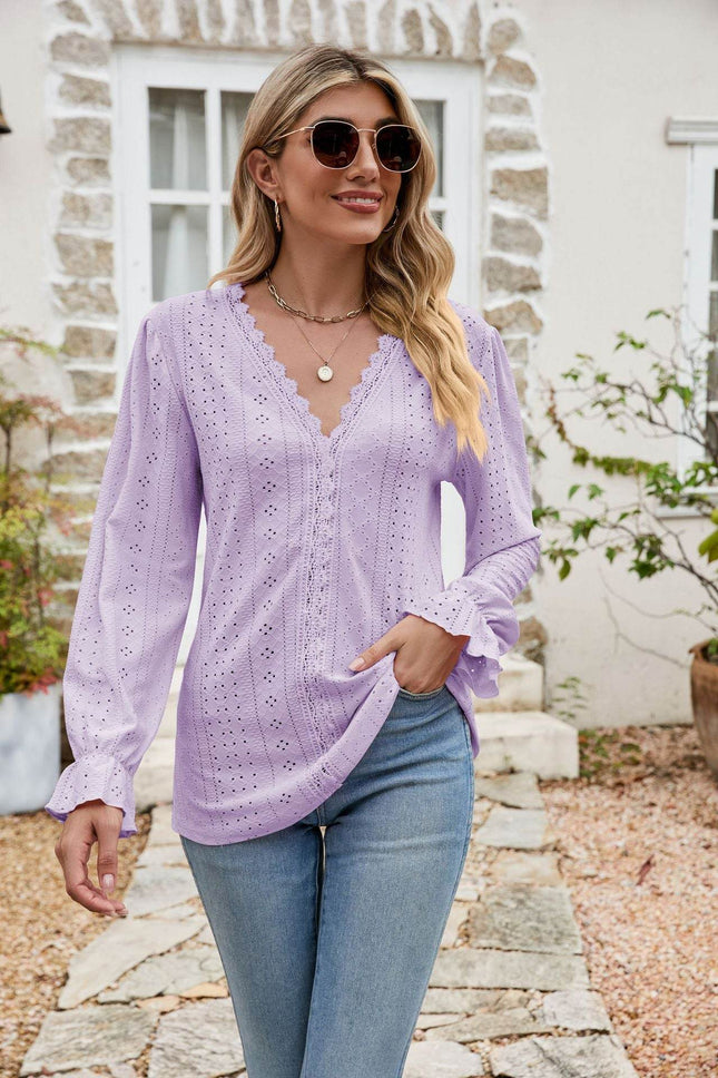 Eyelet Lace Trim Flounce Sleeve Blouse - MimiStylez