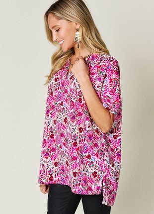 Double Take Full Size Printed V-Neck Short Sleeve Blouse - MimiStylez