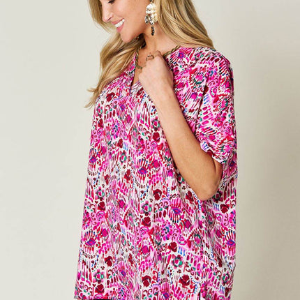 Double Take Full Size Printed V-Neck Short Sleeve Blouse - MimiStylez