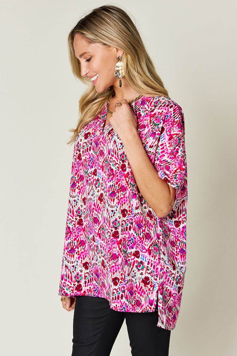 Double Take Full Size Printed V-Neck Short Sleeve Blouse - MimiStylez
