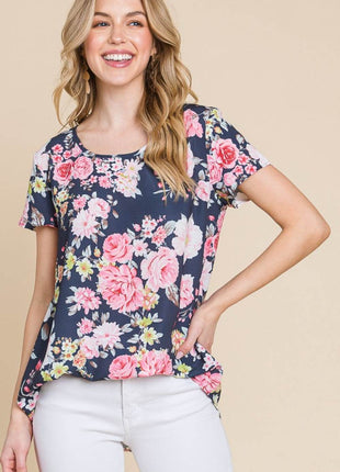 BOMBOM Floral Round Neck Short Sleeve T-Shirt - MimiStylez